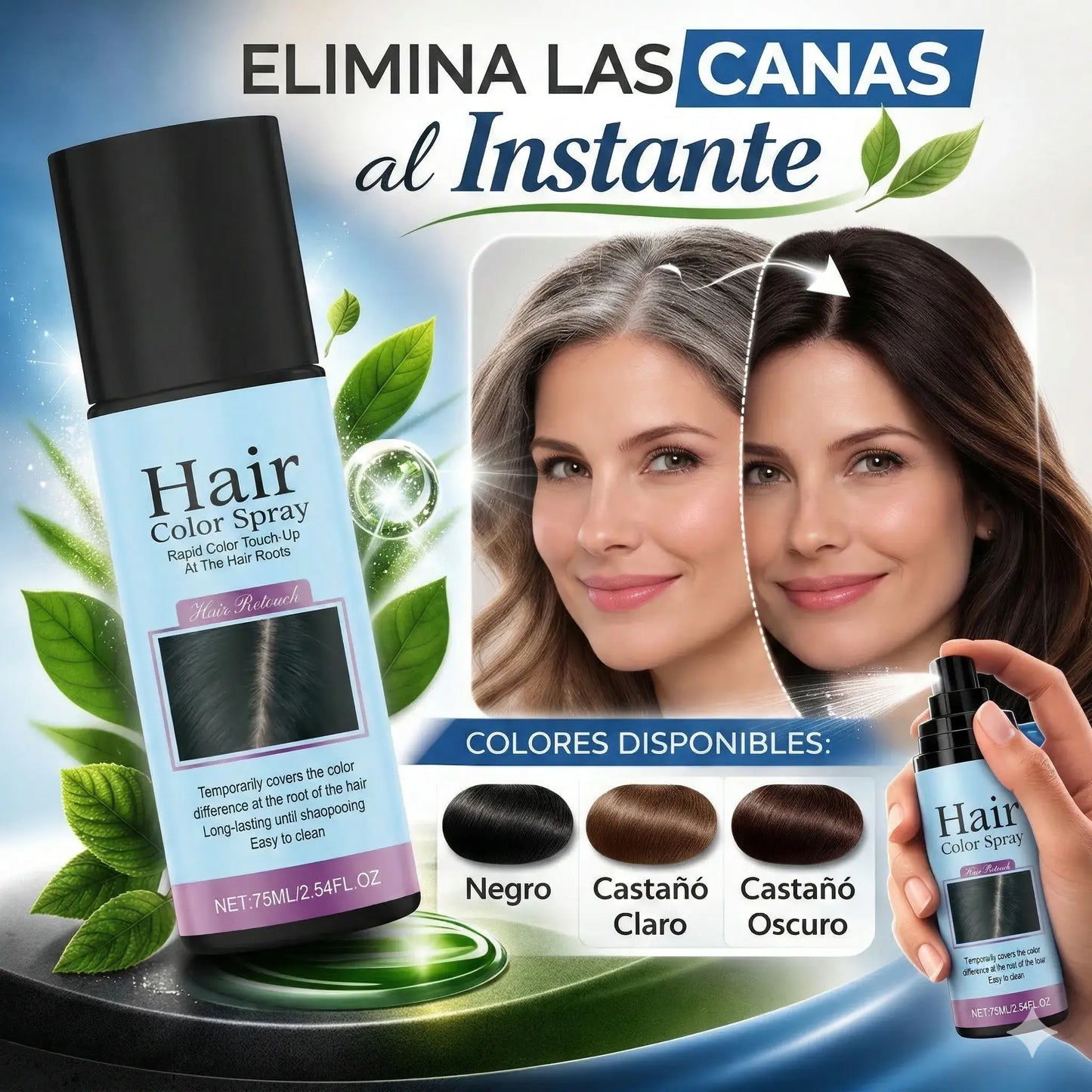 Spray temporal para cubrir canas de forma instantanea | fórmula a base de plantas